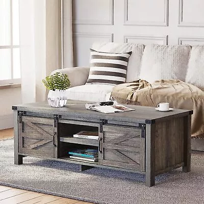 48Inch Modern Farmhouse Coffee Table  With Sliding Barn Doors  Storage Cabinets • $161.49