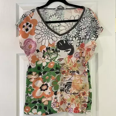 CAbi V-Neck Modal Cotton Printed T-shirt Style #924 ~ Size Large • $11.99