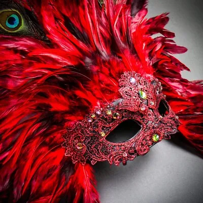 Red Tall Feather Venice Carnival Mask For Women Masquerade Sexy Venetian Costume • $44.99