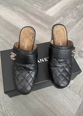 Authentic Chanel Shoes Clogs Black Quilted Leather Silver Turn Lock • £400