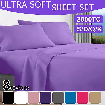 $19.99 • Buy 2000TC Soft Fitted Flat Sheet Sets 4 Pieces Single/KS/Double/Queen/King Bed