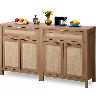 Set Of 2 Rattan Sideboard Storage Buffet Cabinet With Drawer For Home Kitchen • $284.99