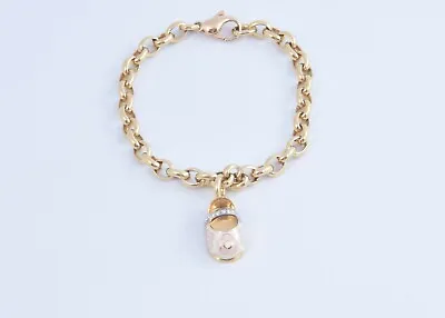 Aaron Basha 18K Yellow Gold Pink Flower Diamond Baby Shoe + Rolo Charm Bracelet • $3250