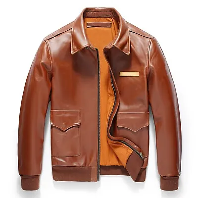 Military A2 Pilot Jacket Men Natural Leather Aviation Genuine Leather Jackets • $149.99
