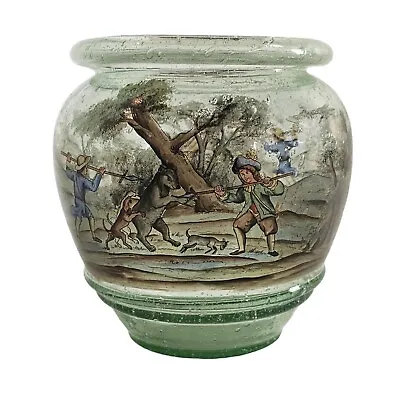 Vintage Soda Glass Vase With Hand Painted Enameled Hunting Scene German 7  • $179