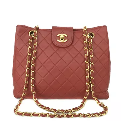 CHANEL Red Quilted Matelasse Lambskin CC Logo Chain Shoulder Tote Bag/4W1977 • $1.25