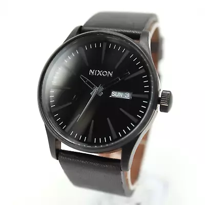 Nixon Never Be Late The Sentry Mens Watch 42mm Day Date Black Blackout Leather • $44.99