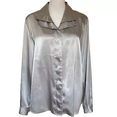 Vintage Silver Satin Blouse Size M Long Sleeve Collared Button Down Metallic • $15