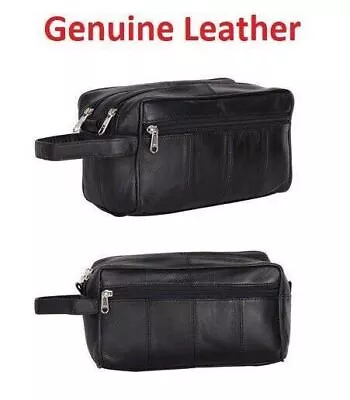  New Mens Soft Leather Toiletry Travel Wash Bag Travel Kit Overnight Gift • £8.76