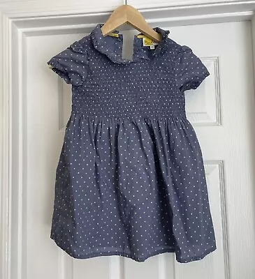 Mini Boden Girls Smock Dress 5-6Y 116cm Blue With White Polkadots 1/4 Sleeve • $22