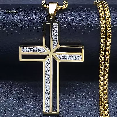 Mens Stainless Steel Cross Necklace Gold Silver Cross Necklace For Men Zirconia • $19.74