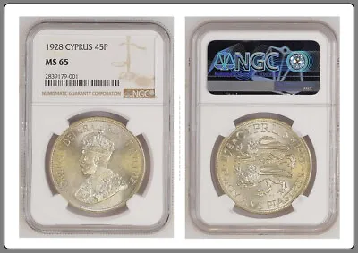 1928 Cyprus 🇨🇾 45 Piastres | NGC Graded MS 65 | Bright Superb GEM 💎💎💎 | • $995