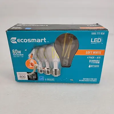 EcoSmart LED 4 PACK A-19 60W Replacement Soft White Dimmable 1006 777 838. • $16.99