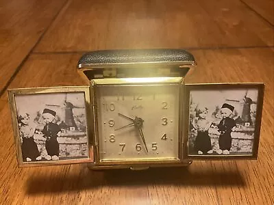 Vintage Bradley Wind Up Travel Clock With Photo Frames Black Case Works DARLING! • $35