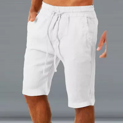 Men Cotton Linen Casual Shorts Elastic Waist Sport Solid Pants Trousers Workout • $17.49