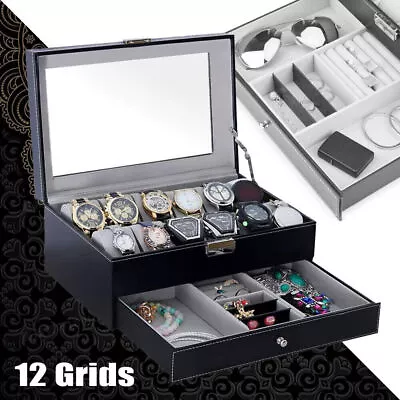 Watch Display Case Jewellery Collection Storage Holder Leather Box 12 Grids • £20.97
