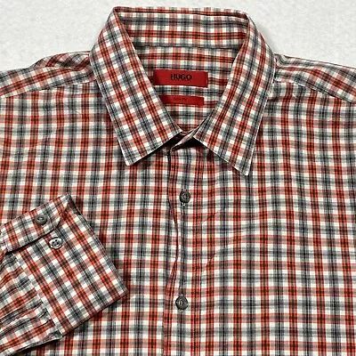 HUGO Hugo Boss Dress Shirt Mens Size Large Slim Fit Long Sleeve Red Gray Plaid • $21.95