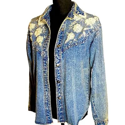 VTG Bead Embellished Denim Acid Wash Jean Button UP Shirt Shacket Womens M • £28.21
