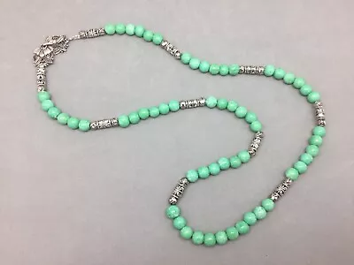 Czech Peking Green Jade Glass Bead 8mm Necklace Silver 26 1/2  Vintage Restring • $46.79