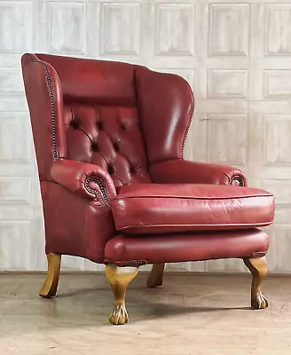 Oxblood Red Leather Chesterfield Wingback Chair Ball & Claw #69 *FREE DELIVERY* • £395