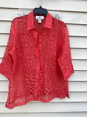 Erin London Womens Top RED Shear Button Up 3/4 Sleeve Size L • $15.99