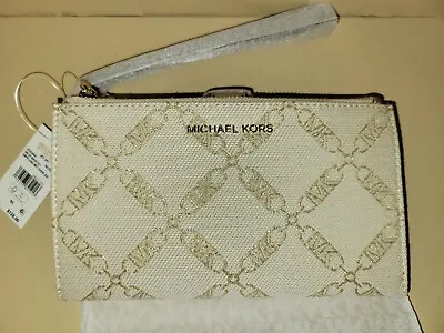 MICHAEL KORS Jet Set Double Zip Canvas Wristlet NATURAL PALE GOLD NWT $128 • $64.95