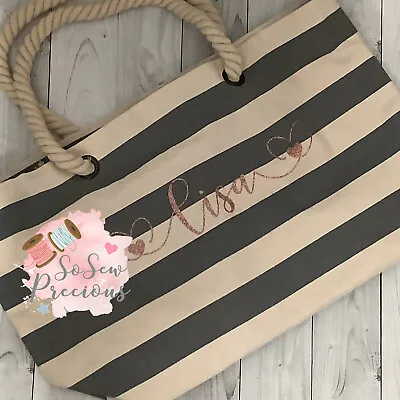 Personalised Nautical Stripe Beach Bag Pink Blue Or Grey Rope Handle • £23.50