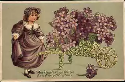 Christmas - Little Girl Wheelbarrow Made From Flowers C1910 Postcard • $6.89