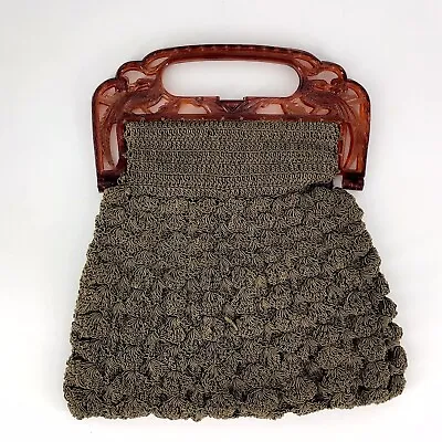 Vintage Art Deco Crocheted Purse Celluloid Olive Green Crochet Handbag • $26.99