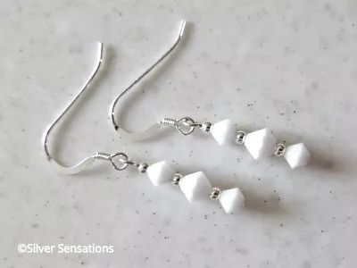 Sterling Silver Earrings With White Swarovski Crystals Short Dangly Earrings • £10.10