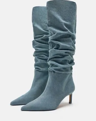 ZARA BLUE OVER THE KNEE DEMIM BOOTS Pointed Toe 7.5 EU 38 9 EU 40 NWT 3015/210 • $149