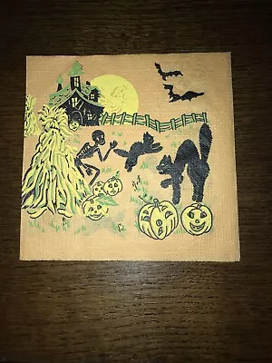 Vintage Halloween Party Napkin Black Skeleton Cats & Bats Haunted House Moon  • $9.99