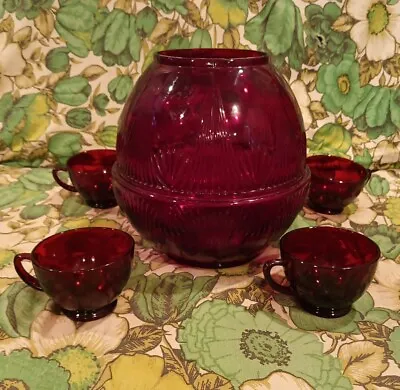 Vintage Art Deco 1930's 40s Ruby Red Cut Design Glass Punch Bowl Set Prop  • $49.99