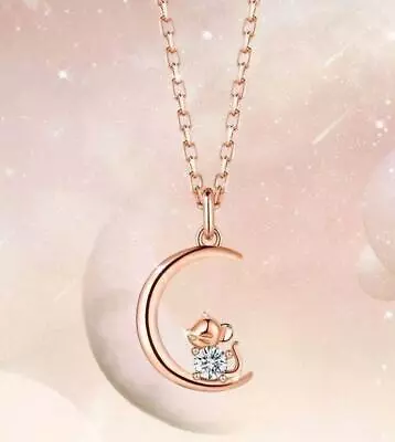 Fashion Mouse Moon Pendant Rose Gold GP Pave Cubic Zirconia Chain Necklace  • $8.99