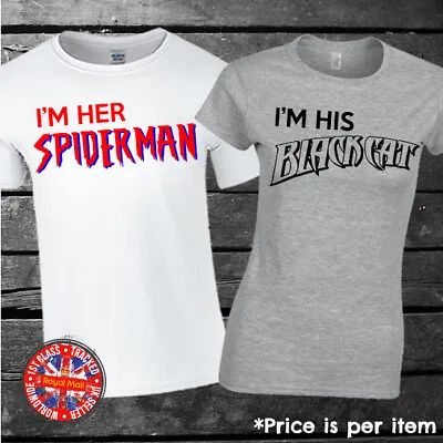 Spiderman - Black Cat Matching Couples T-shirts Gift Mens Ladies Set His Hers • £10.95