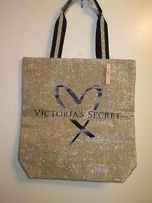 Victorias's Secret NWT Metallic Gold Glitter Bling Black Tote Bag Carry Traveler • $14.99