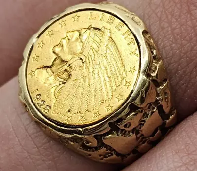 22K $2.5 INDIAN HEAD GOLD COIN 14K YELLOW GOLD MEN'S NUGGET RING HEAVY Size 12.5 • £1832.38
