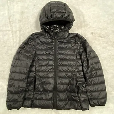 Microlight Goose Down Puffer Jacket Womens Medium Black Hooded Coat Packable • $33.95