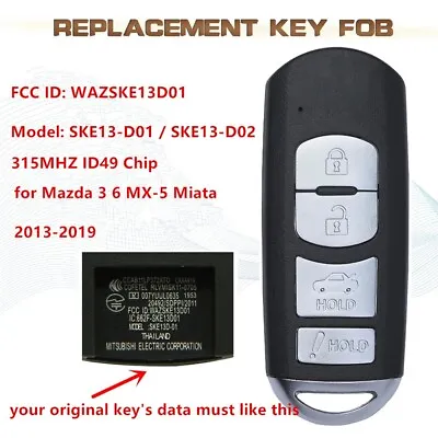 SKE13D-01 SKE13D-02 Smart Remote Key Fob For Mazda CX-5 3 6 Miata 2013 2014-2019 • $26.38