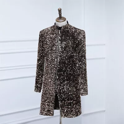 Men Fancy Glitter Sequin Long Suit Coat Slim Carnival Zip Jacket Dress Costume • $89.79