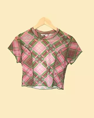 The Ragged Priest Plaid Mesh Crop Top Tee S Green Pink See-Through Rave 90s Y2K  • $20