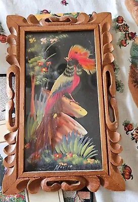 Vintage Mexican Feather Art Colorful Bird Picture In Carved Wood Frame 11  X 6.5 • $36.99