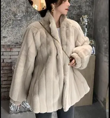 Women's Jacket Rabbit Fur Mid Length Loose Coat Stand Collar Cardigan Occident • $65.64