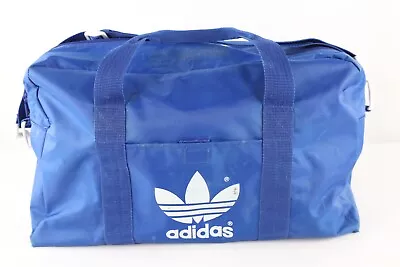 Vintage 80s Adidas Distressed Spell Out Handled Duffel Bag Gym Bag Carry On Blue • $49.45