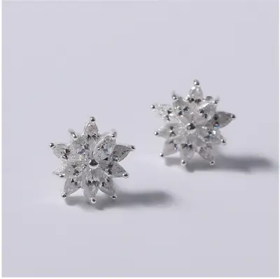 $12.95 • Buy 925 Sterling Silver Cubic Zirconia CZ 8mm Cluster Snowflake Stud Earrings PE38