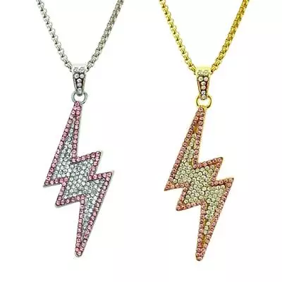 LIGHTNING BOLT NECKLACE 2  CZ Crystal Pendant Silver Gold Pink Elvis Presley TCB • $16.95