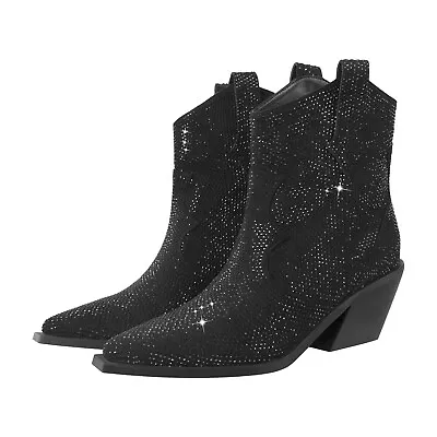 Onlymaker Women's Rhinestone Pointed Toe Chunky Ankle Booties Chelsea Boots US7 • $9.99