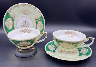 Set Of 3 Vintage English Bone China 3-Footed Mint Green Tea Cup Saucer Set Gold • $15.95