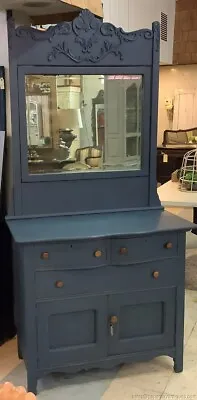 Antique Painted Blue Oak Tall Wash Stand W Mirror Dresser Cabinet Storage • $1695