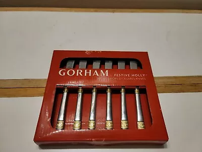 NEW Gorham Festive Holly 6 Hors D'oeuvres Knives Gold Trim • $20